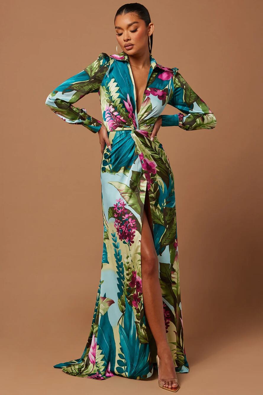 Kyoto Satin Maxi Dress Green Twist Knot High Slit Formal Gown